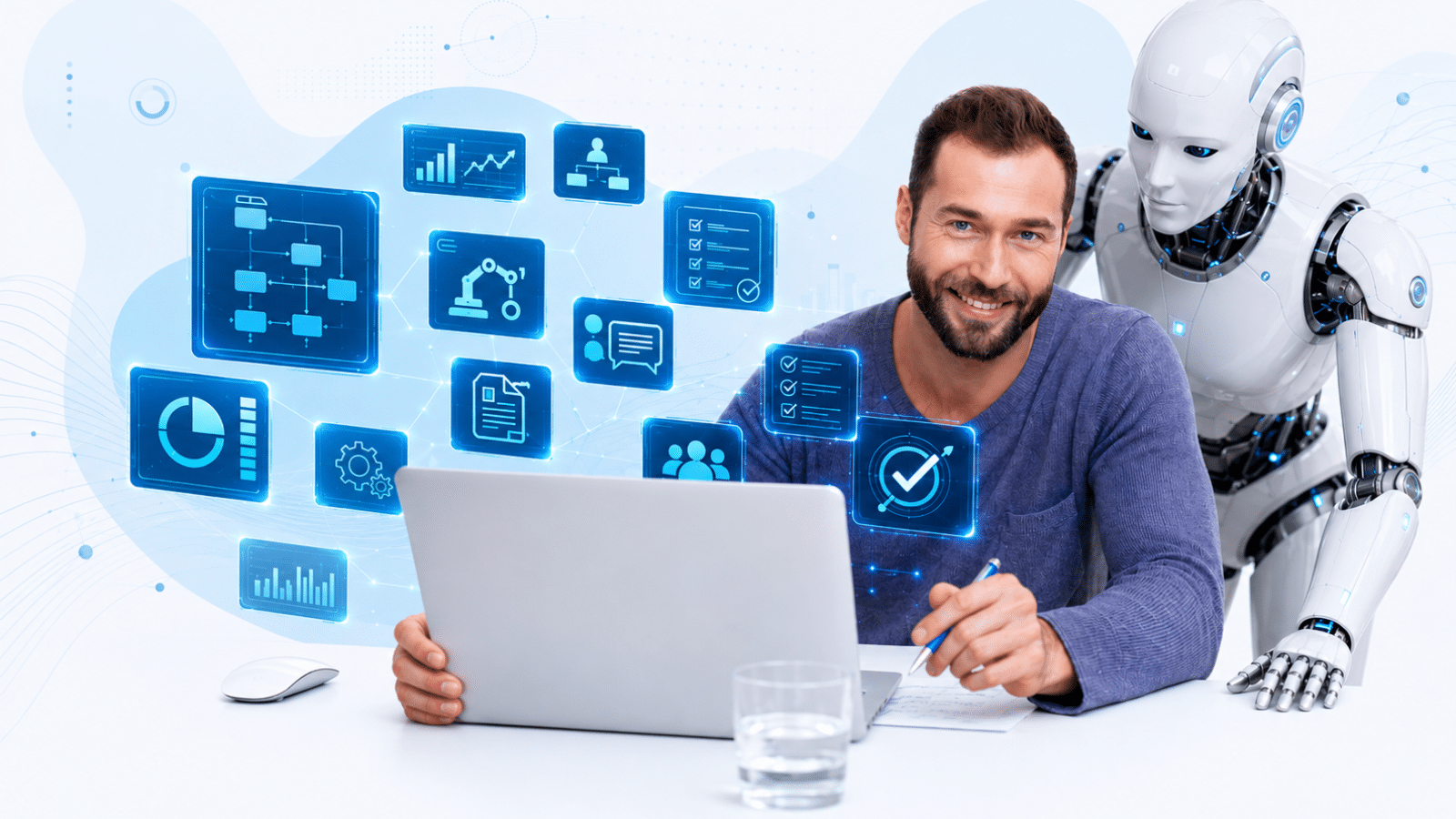 Profissional utilizando agentes de IA em aplicações reais da empresa